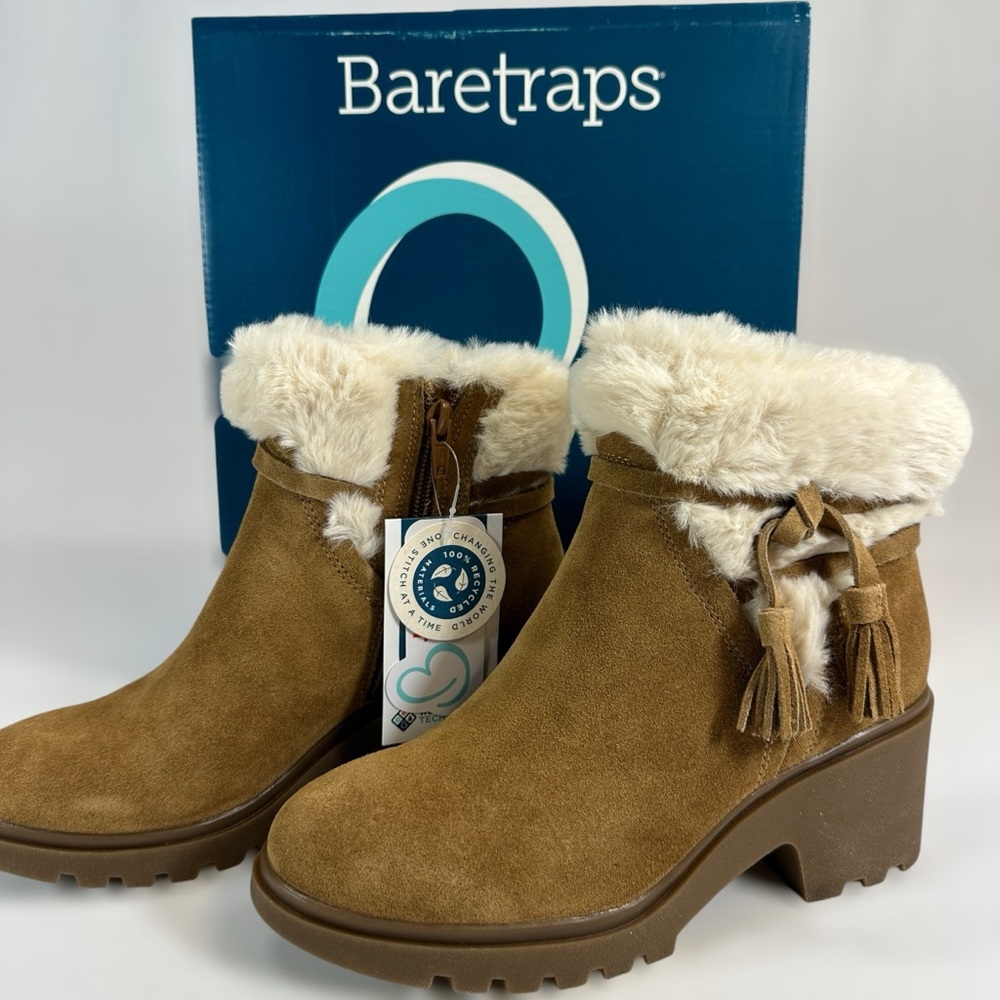 NIB BareTraps Cognac Tan DOLORS Block Heel Ankle BOOTIES Boots VEGAN FUR sz 5.5